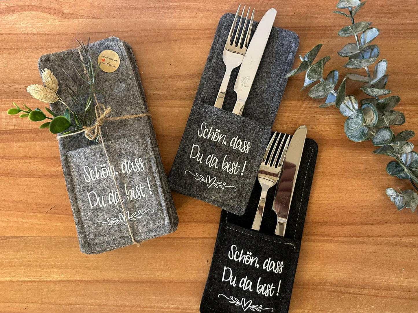 Bestecktaschen "schön dass es dich gibt" in verschiedenen Farebn